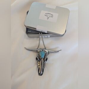 Longhorn Skull Pendant Necklace with Turquoise Accent